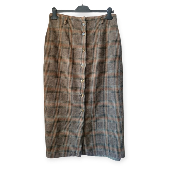 Vintage 100% Wool Glen Plaid Button-front Midi Skirt 10 Academia Heritage - Picture 2 of 15